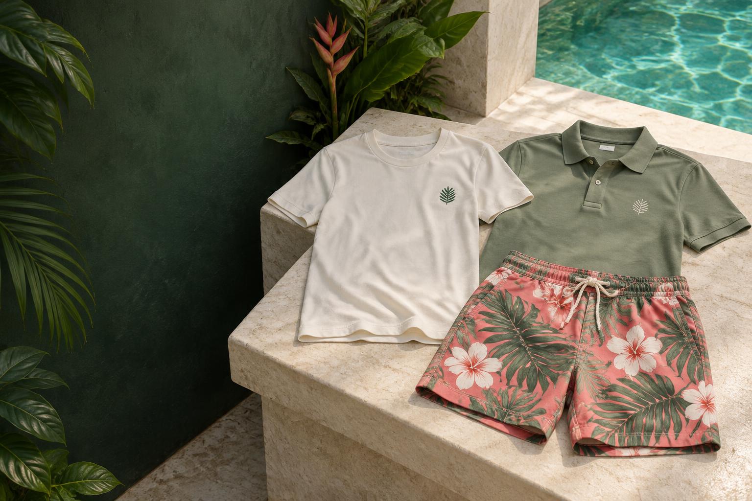 Illustrative custom collection: a leaf-branded T-shirt and polo with tropical board shorts