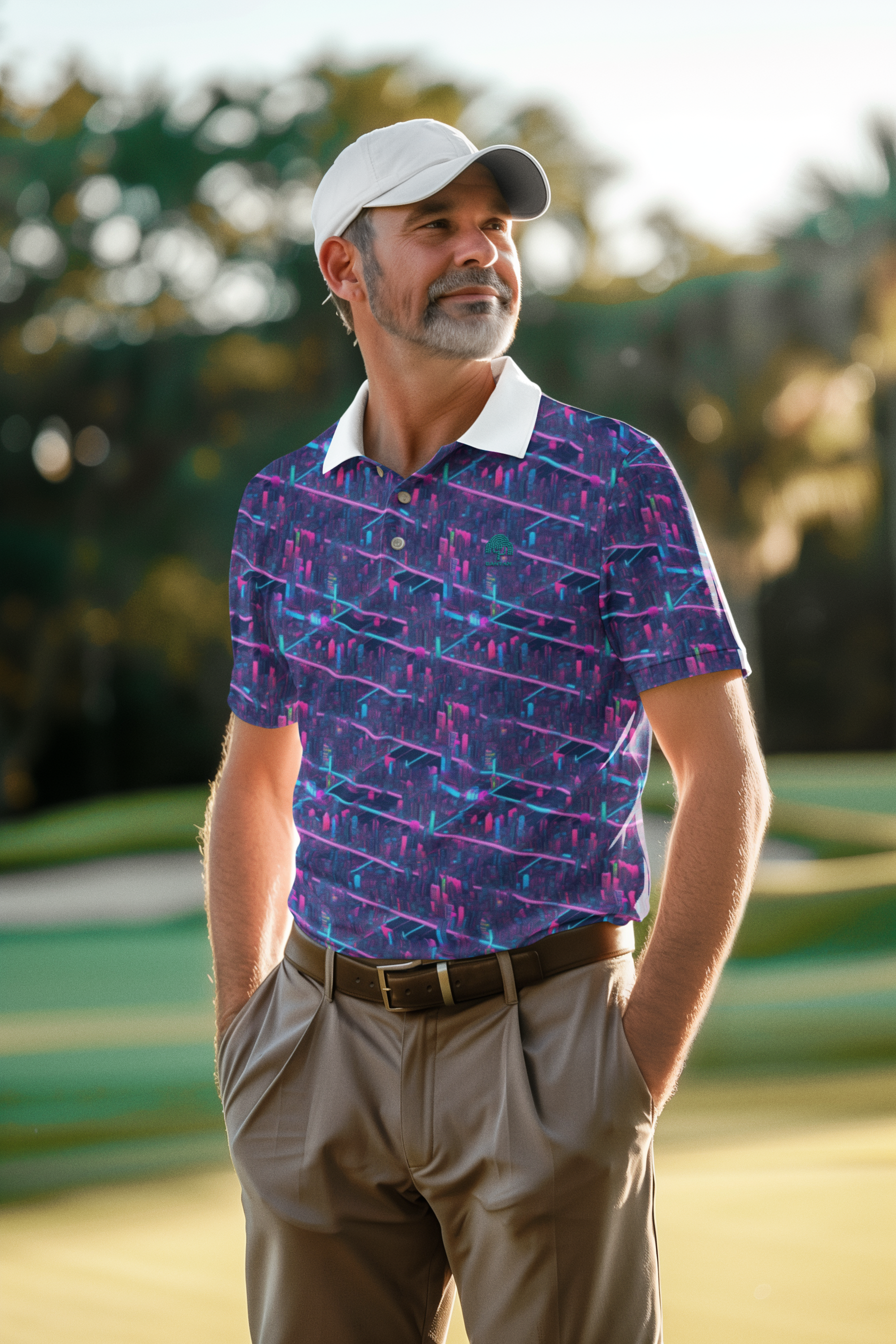 Golf Polo - Futuristic Neon Cityscape Pattern