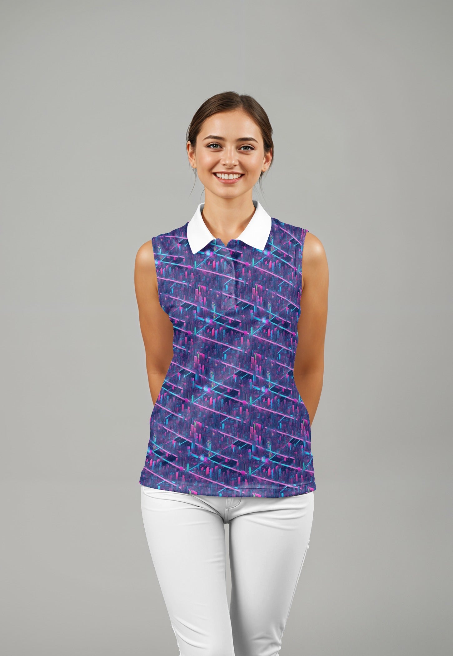 Golf Polo - Futuristic Neon Cityscape Pattern